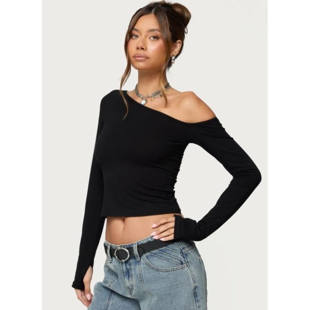 Edikted Swan Asymmetric Long Sleeve Top Black Thumbhole Women's Medium